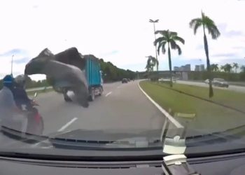 Pengendara Motor Ini Nyaris Maut Akibat Kanvas Terbang