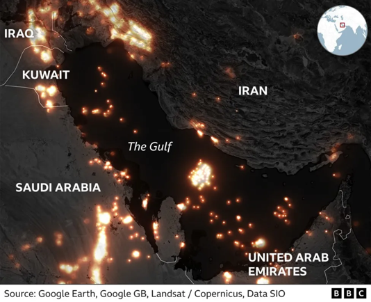 Temuan Gas Beracun Yang Mengancam Kesehatan Jutaan Orang di Timur Tengah Pembakaran sisa gas di Kawasan Teluk dilihat dari citra satelit - Google-BBC