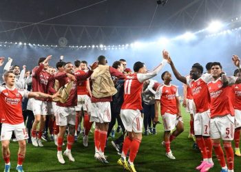 Arsenal merayakan kemenangan, usai mengalahkan Atletico Madrid di Liga Champions